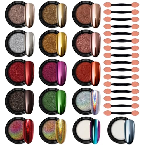 Artdone 16 Jars Chrome Nail Powder Dip Kit Magic White Pearl Gold Mirror - color: 16 Colors Chrome