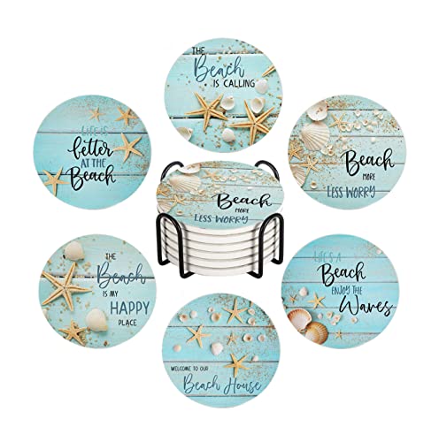 HUXJOKO Coasters for Drinks Set of 6,Seashells Starfish on Blue Wooden Absorbent Ceramic Coaster,Round Stone Mat,with Cork Base and Metal Holder for Coffee Table Room Bar Home Decor Housewarming Gifts - color: Seashells Starfish, size: Round