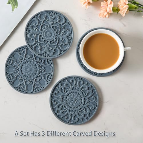 Colinda Silicone Coasters - Set of 6 with Holder, Non-Slip Cup Mats for Hot and Cold Drinks, Decorative Designs, Gift Ready Packaging, Warm Grey - color: Warm Grey