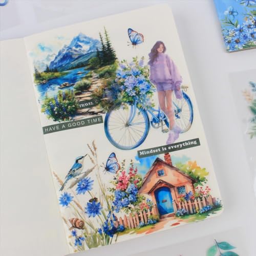 30 Sheets Precut Blue Flower Garden Landscape Stickers Book for Junk Journal Supplies, Transparent PET Stickers for Journaling, Scrapbooking, Bujo, Collage, Card Making - color: The Blue Breezy