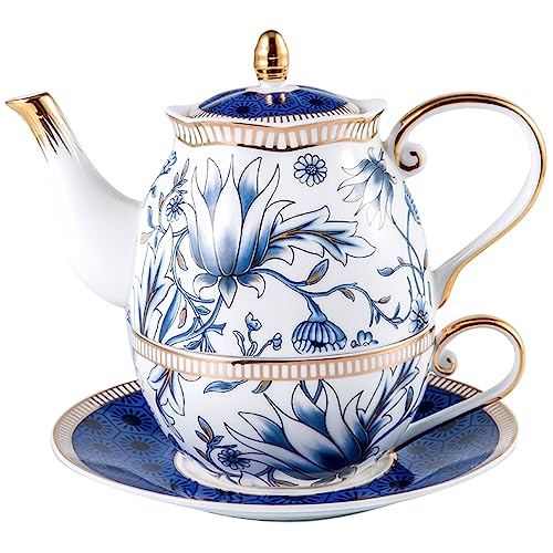 ACMLIFE Tea for One Teapot and Cup Set, Vintage Floral Porcelain Tea Set for One, Bone China Teapot Set, Tea Pot Set Gift for Women (Blue) - color: Blue