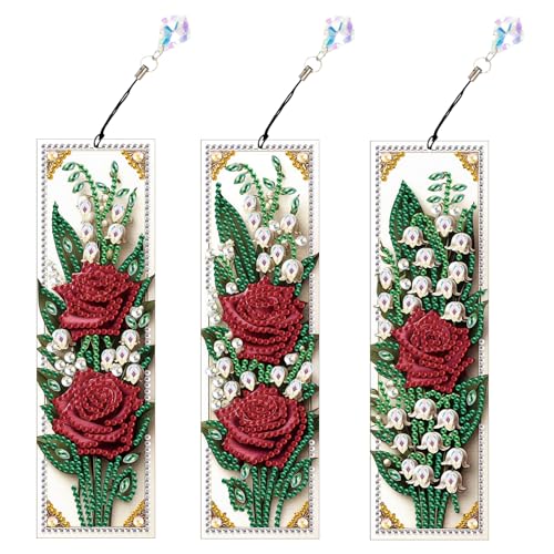 Tontut 3pcs Diamond Art Painting Kit Bookmarks, Brilliant Red Roses Exquisite General DIY Bookmarks, Lightweight and Durable, Suitable for Reading Lovers - color: Red Roses