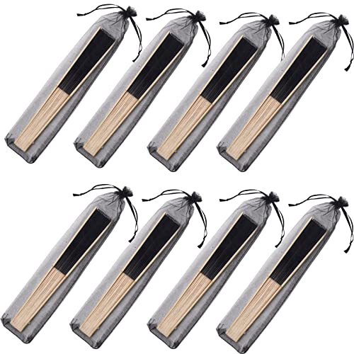 24pcs Imitated Silk Hand Fan Imitated Silk Fabric Bamboo Handheld Folded Fan Bridal Dancing Props Church Wedding Party Favors with Organza Bags (Black) - color: Black