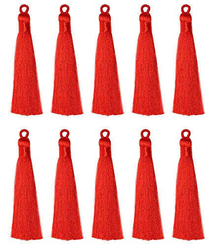 Tupalizy 10PCS Handmade Soft Silky Tassels with Hanging Loop for Bookmarks Keychains Earring Bracelets Jewelry Making Souvenir Graduation Clothing Sewing Gift Tag Art DIY Craft Projects (Red) - color: Red