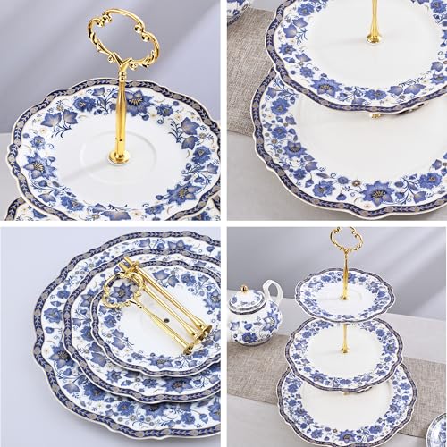 fanquare 3-Tier Elegant British Blue Floral Porcelain Cupcake Stand - color: Blue Cake Stand