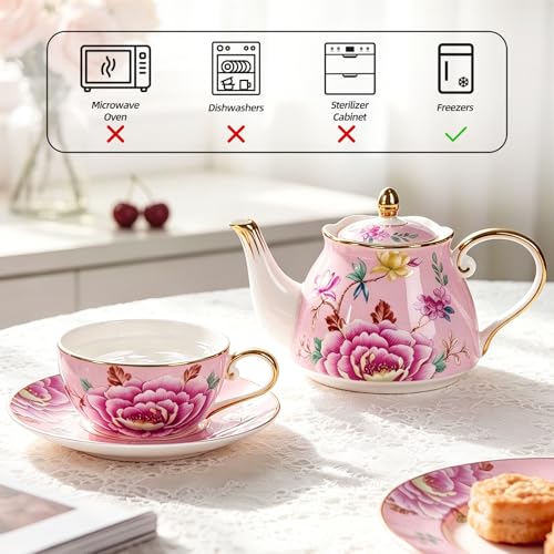 KAMMAK Tea for One Set, Ceramic Teapot, Bone China Tea Set, Cup and Saucer - color: Pink-GH9