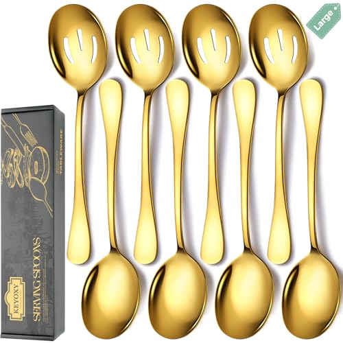 Serving Spoons Set, 8PCS, 10-Inch, Includes 4 Large, 4 Slotted, Gold - color: Gold, size: 8 Pieces (Large and Slotted)