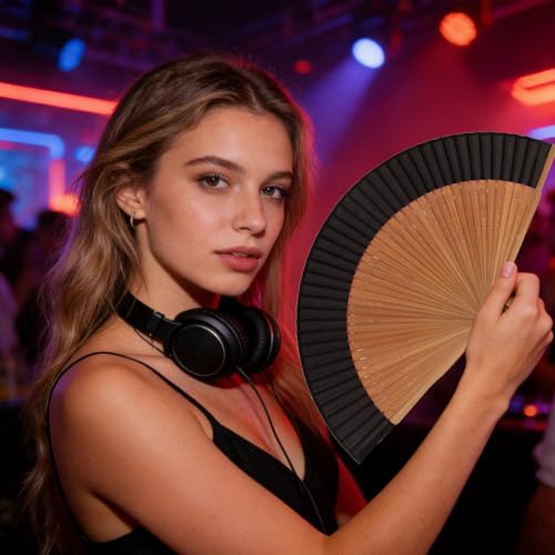 Fumwase Small Hand Held Fan for Women Foldable Chinese Japanese Vintage Bamboo Silk Fan for Wedding Dancing Decoration Performance (Black)