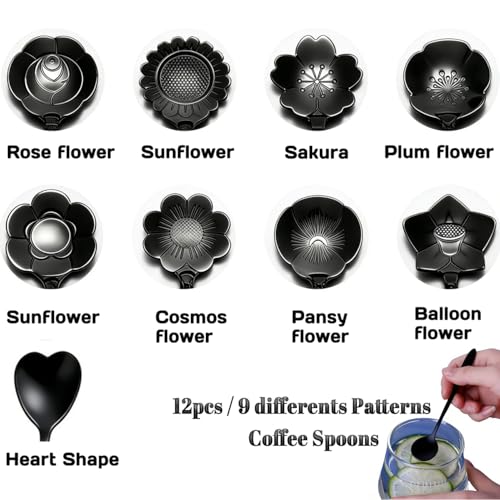 12 Pcs Flower Coffee Tea Spoons Set with Storage Bag, 4 Long & 8 Short Stainless Steel Teaspoons for Sugar Dessert Ice Cream Stirring, Cute Fancy Tableware for Tea Party Kitchen Cafe Bar(Black) - style: Black