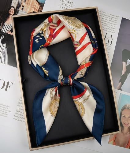 corciova Women’s Square Scarf 27.5 in (70 x 70 cm), Satin-Feel Polyester, Lightweight Fashion Scarf for Hair, Neck and Bag - color: Equestrian Chain Belt (Navy Blue / Red / Cream / Gold)