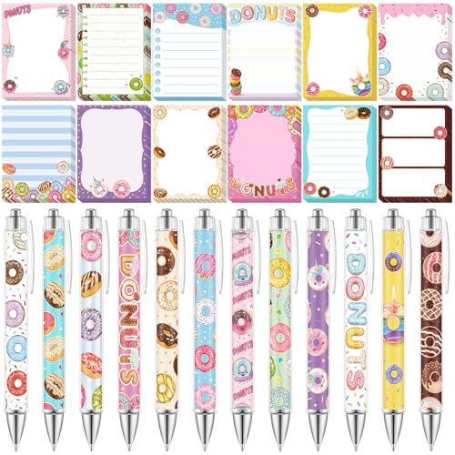 Dispowreath 12 Sets / 24 Pcs Donuts Sticky Notes with Pens Donut Party Favors Gifts Self Adhesive Notepad Cute Memo Notes Pads Black Ink Ballpoint Pen for Christmas Birthday Party Supplies Reward - style: Donut