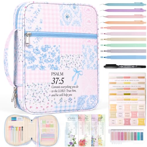 XKDOUS Bible Cover Case for Women Bible Bag Journaling Kit w/Study Supplies - color: Canvas Blue Patchwork, size: Large