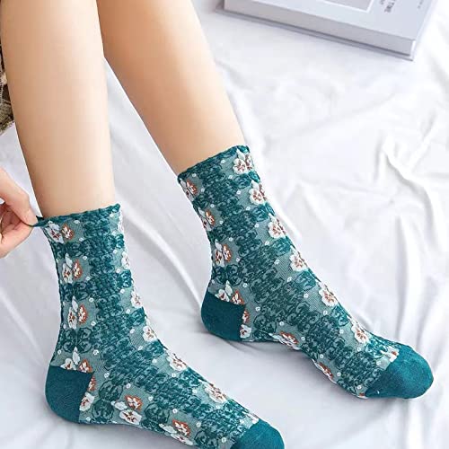 DXYAKY 5 Pairs Womens Floral Cotton Socks Vintage Patterned Crew Socks Novelty Ankle Ruffled Warm Casual Dress Socks - color: 5 Pairs - Blue