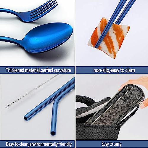 Portable Reusable Travel Utensils Silverware With Case, Camping Cutlery Set, Chopsticks and Straw, Flatware With Case, Stainless Steel Top (Blue) - color: Blue