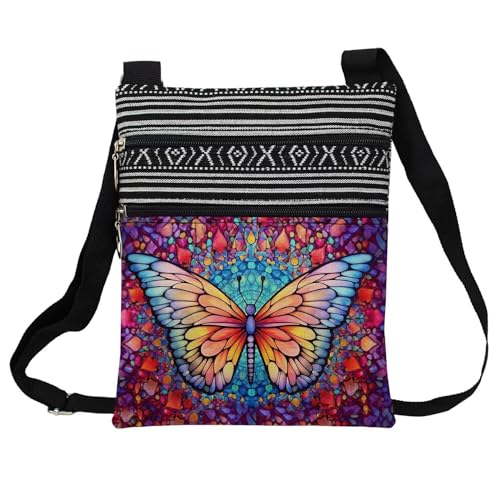 Stained Glass Pattern Crossbody Handbag with Zipper Butterfly World Tree Bee Aesthetic Present for Woman - color: Pink Butterfly