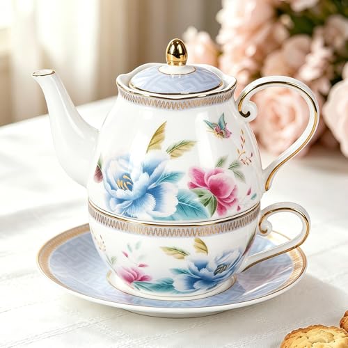 KAMMAK Tea for One Set, Ceramic Teapot, Bone China Tea Set, Cup and Saucer - color: Colorful-GH8