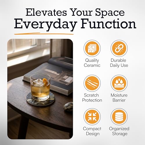 Elegant Black & Gold Marble Ceramic Coasters - Set of 4 with Black Metal Holder - Round Drink Coasters for Coffee, Tea, Whiskey, Wine - Stylish Home & Kitchen Decor - color: Black Gold, size: 4 Pack