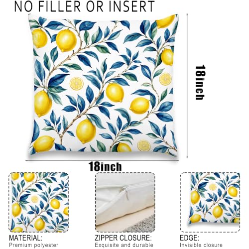 Lemon Branch Pillow Cover Blue Leaf Botanical Citrus Coastal Decor 18x18 - color: Yellow Lemons