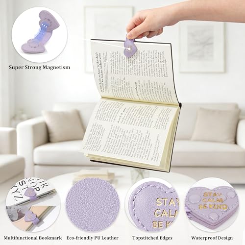 2Pcs Magnetic Leather Heart Bookmarks with Pen Holder, Cute Inspirational Motivational Quotes Book Markers Clip with Gift Box, Reading Accessories for Book Lovers Women Teachers (Stay Calm Be Kind) - color: Purple-stay Calm Be Kind