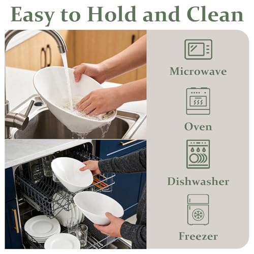 Yesland 24oz White Ceramic Serving Bowls Set of 2, 9.5" Angled Salad Pasta Bowls, Dishwasher Microwave Safe for Soup, Ramen, Cereal, Rice, Noodle, Kitchen & Restaurant Use