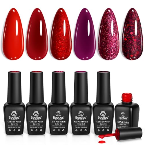 Beetles Red Gel Polish Set, 6 Colors Burgundy Wine Glitter Purple Gel Nail - color: 0-0-Poinsettia
