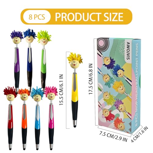 AWOJVIS Pens,ballpoint pen,8pcs Mop Head Ballpoint Pens, Funny Mophea Topper Pen with Plush Hair Writing Click Pen Portable Cute Cartoon Multi-function Signing Pens Decor Gift for Office Home Adultes