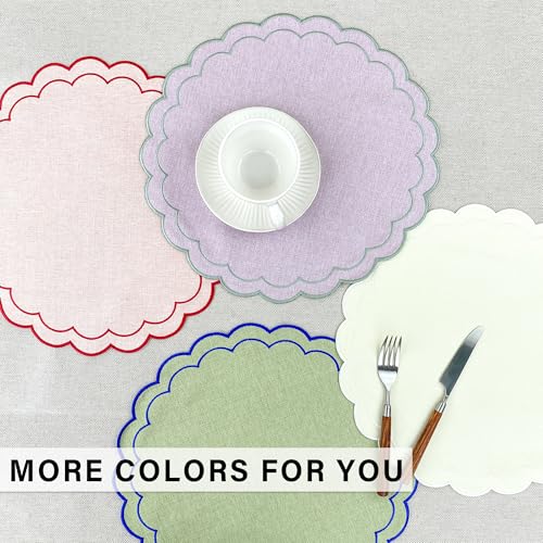 Linen Cotton Placemats Set of 4 Scalloped Flower Embroidery Place Mats 15'' Natural Linen Texture Fabric Machine Washable Table Mats for Restaurant Kitchen,Table Decor(Butter Yellow) - color: Butter Yellow