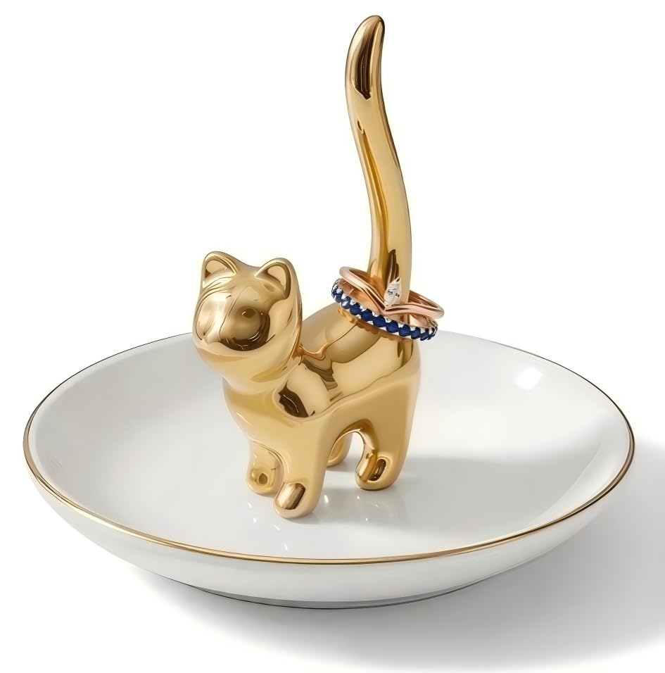 ROSA&ROSE Cat Ring Holder Jewelry Dish for Mom,Ceramic Ring Dish Trinket Tray for Jewelry, Mothers Day Gift for Mom Wife Grandma Cute Vanity Organizer Dish - color: Yellow Gold