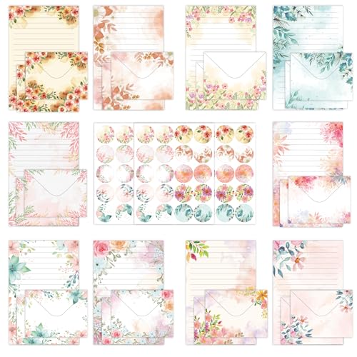 Stationery Paper Envelopes Set 160 Pcs - 50 Lined Writing Paper, 50 Envelopes, 60 Dot Stickers, Vintage/Floral/Leaf/Watercolor Multi-Style Options (STATIONERY-160PCS-FLORAL) - style: FLORAL