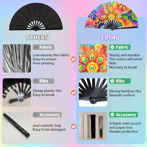 EOSAU Large UV Glow Rave Fan, Folding Hand Fans for Line Dancing, Flowers - color: 13" Flowers
