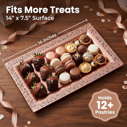 6 (pk) Yumchikel 14" x 7.5" Rose Gold Lace Rim Plastic Serving Trays & Platters | Heavy Duty Disposable Decorative Dessert Tray - Party Platters for Upscale Parties Weddings Brand: Yumchikel - color: Rose Gold Lace, size: 6 Pack