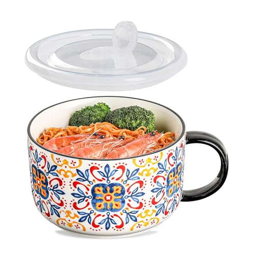 Jumbo Ceramic Soup Bowl with Lid, Microwave Safe - Pattern C - color: Pattern C, size: Set of 1