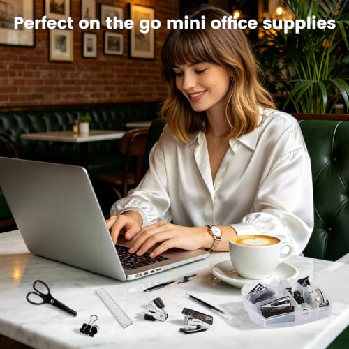 Mini Office Supply Kit, Mini Stapler with Staples and Tape Dispenser Set, Mini School Supplies Kit Includes Sticky Notes Index Tabs Gel Pens for Office & School (Black) - color: Black