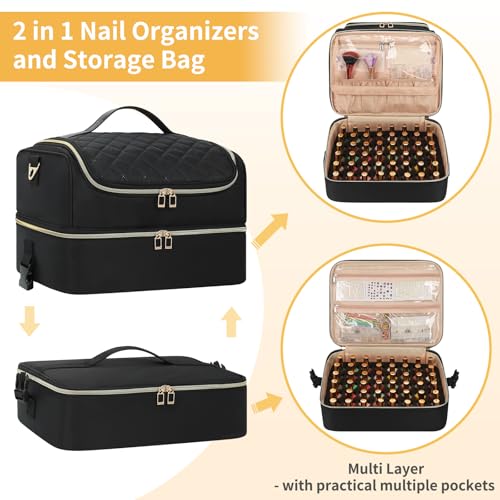 CUBETASTIC Portable Nail Polish Organizer Case Holds 117 Bottles - 3-Layer Nail Tech Kit with Storage Bag & Shoulder Strap, Extra Large Nail Supplies Travel Carrying Box - color: Black, size: 117 Slots