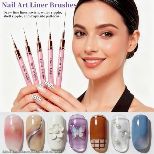 9Pcs Nail Art Brushes Set, 5 Pink Art Liners & 4 Multi-Shape Gel Brushes