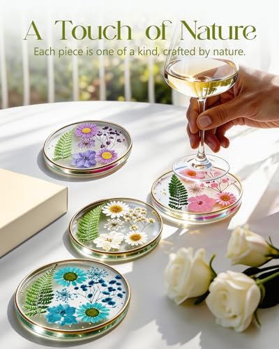 Oqplog Resin Drink Coasters for Desk Coffee Table-Cute Dried Flowers Round Shape Cup Coasters Set of 4 for Work Office Home Outdoor Decor Gifts for Girls Women - color: 4pcs
