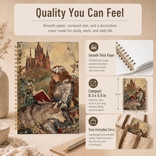 Armored Knight Woman Reading Spiral Notebook, Vintage Fantasy Mid-Century Book Lover Journal, Bookish Bookworm Gifts Hardcover Lined Notebook Journal, 5.5x8.3 Inch - color: pattern-4