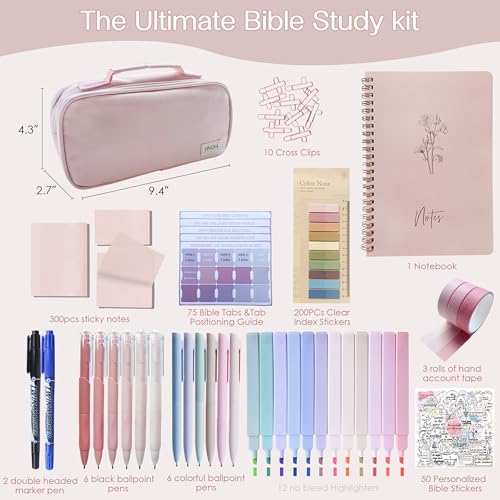 J6&H6 170Pcs Complete Bible Study Supplies Journaling Kit with Tabs, Highlighters and Color Pens, Notebook,Stickers & More Bible Accessories Set for Women, Beginner Christian Gifts(Pink) - color: Pink