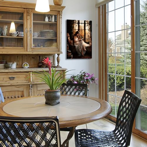 uoyien Vintage Victorian Girls Reading Portrait Canvas Wall Art Prints Dark Cottagecore Pictures Wall Decor Moody Bookish Paintings Artwork for Library Reading Room Bedroom 16x24in Wrapped Canvas - color: Brown, size: 16x24in Wood Framed
