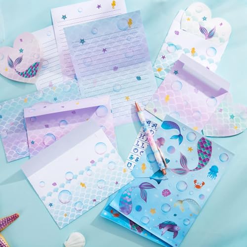 WERNNSAI 69 PCS Mermaid Kids Stationery Paper and Envelopes Set for Girls - color: Mermaid