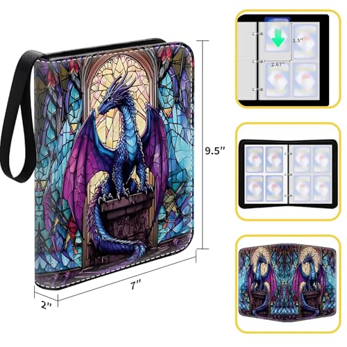 Card Binder 400 Pockets, 50 Sleeves Large Binder Trading Cards Holder 4 Pocket, Storage Organizer, Album Folder Case Protector Collector Gift Stained Glass Blue Purple Diamond Dragon - color: Stained Glass Blue Purple Diamond Dragon, size: 4 Pocket