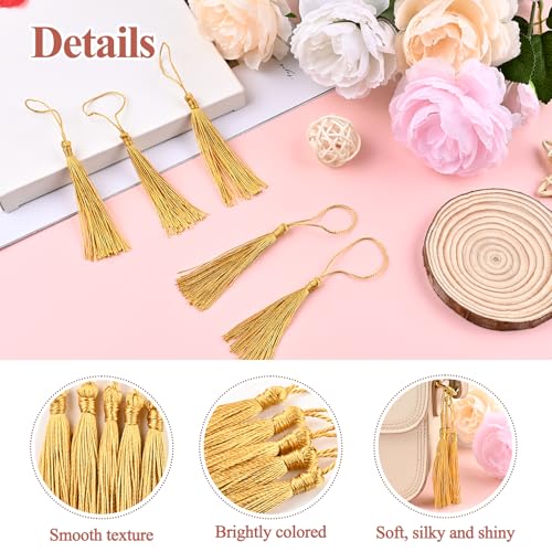 NACHLYNN 120 Pcs Bookmark Tassels Bulk 13cm/5 Inch Silky Handmade Soft Craft Mini Tassels for Jewelry Keychain Making with Loops for Dress Decoration DIY Craft Accessory (Gold) - color: Gold
