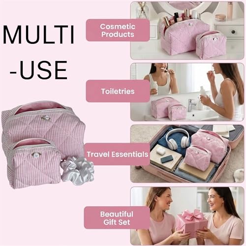 Pink Striped Quilted Makeup Bag Set of 2 with Lace & Rosette + Silk Scrunchie, Cute Soft Cotton Pouch Set, Coquette Pink Makeup Pouch for Purse, Travel Toiletry Bag, Aesthetic Gift Set Women Teen Girl