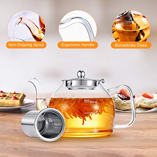 STNTUS Glass Teapot, 40 oz. / 1200 ml for Loose Tea, With Infuser and Stainless Steel Strainer, Stovetop Safe, 4-6 Cups - size: 1200ml/40oz
