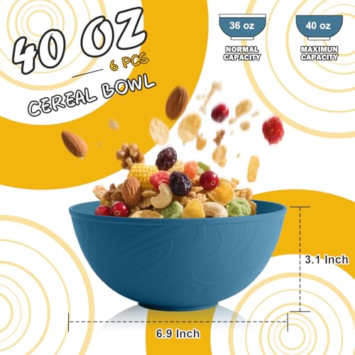 Wheat Straw Bowls 40OZ Set of 6,Unbreakable Plastic Bowls Set,Blue - color: Blue, size: 40 OZ