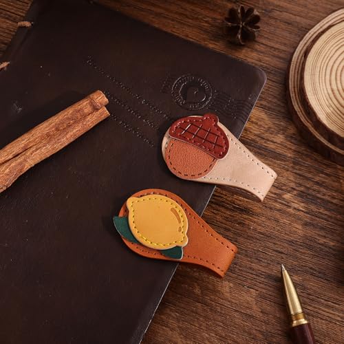 2PCS Vintage Magnetic Leather Bookmark, Leather Magnetic Bookmarks for Women, Magnetic PU Bookmarks Clip Book Accessories, Lemon & Acorn - style: Lemon & Acorn