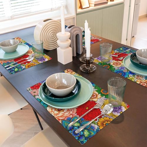 Spring Boho Floral Dinner Placemats Set of 4, Colorful Vintage Decorative Place Mats, Kitchen Washable Table Mats for Dining Holiday Party Home Decor, Gifts for New Home Women - color: Boho