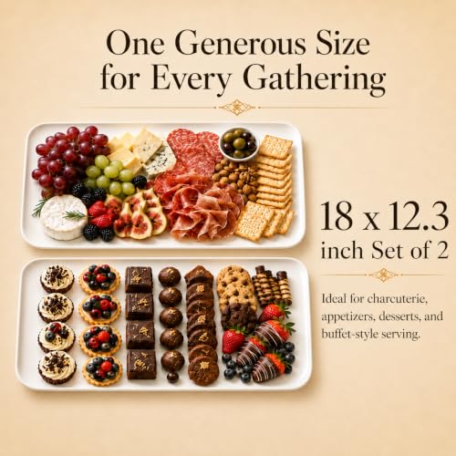 DELLING 18 Inch Large Serving Platter Set of 2, White Porcelain Serving Trays 18" x 12.3", Rectangular Platters for Turkey Fruit Appetizer Party, Oven Microwave Dishwasher Safe, Wedding Entertaining - color: White, size: 18inch