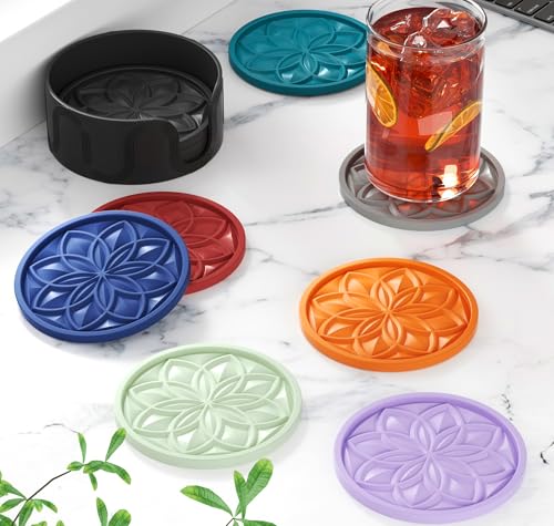 HFHOME Silicone Coasters Set with Holder - 6 Pack Drink Coasters for Coffee Table, Bar, Desk - Tabletop Protection Gift - Blue - color: Peacock Blue