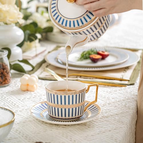 CwlwGO-Ceramic Coffe Cups and Saucer Sets,British Bone China Blue Gold Tea Cup and Saucers Service for 4,Gifts Box, China Tea Set, Tea Sets for Women and Adults. - color: Blue